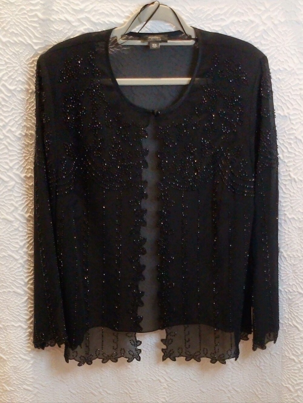 Vintage Dressbarn 16W Black Beaded Evening Jacket Sheer Open Front